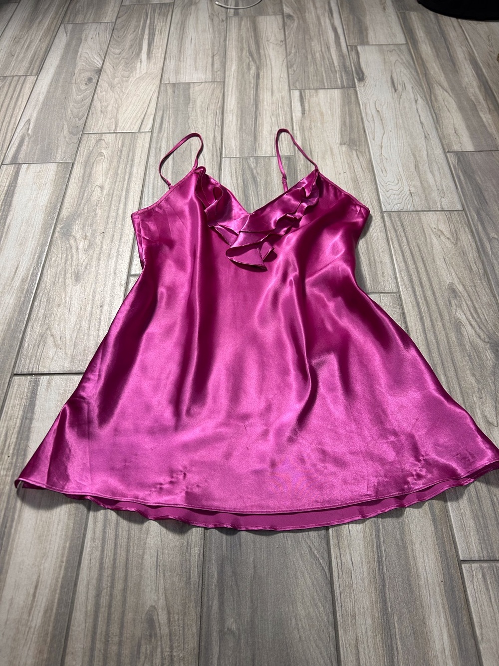 Fuchsia Satin Ruffle Neckline Cami Slip XL Coquette Sultry